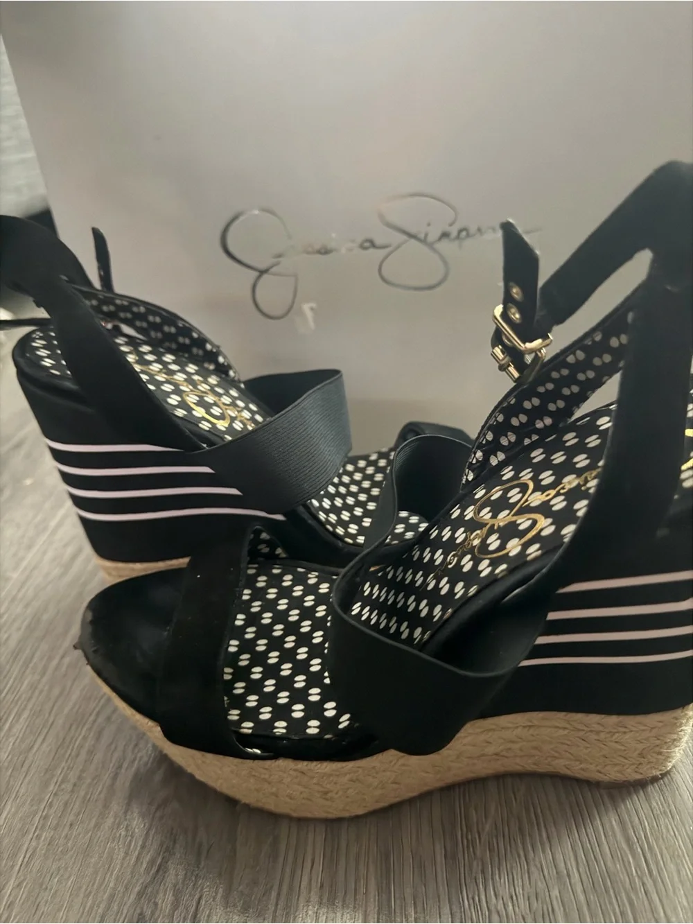 Jessica Simpson Black Espadrille Wedge Sandals with Striped Detail